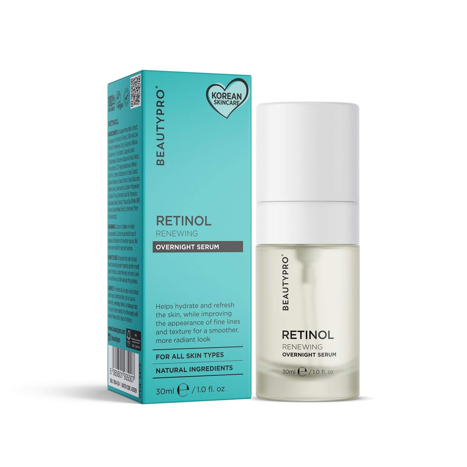 BEAUTYPRO Retinol 1% Renewing Overnight Serum 30ml with box — plant-based Korean skincare for all skin types