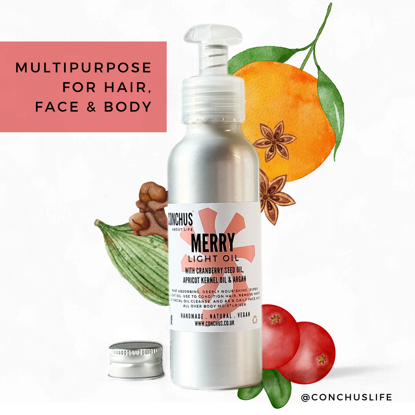 A pump bottle labeled 'Merry Light Oil' for hair, face, and body, with a background of festive orange, spices and berries and a locking mechanism symbol, indicating its multi-purpose nature. 