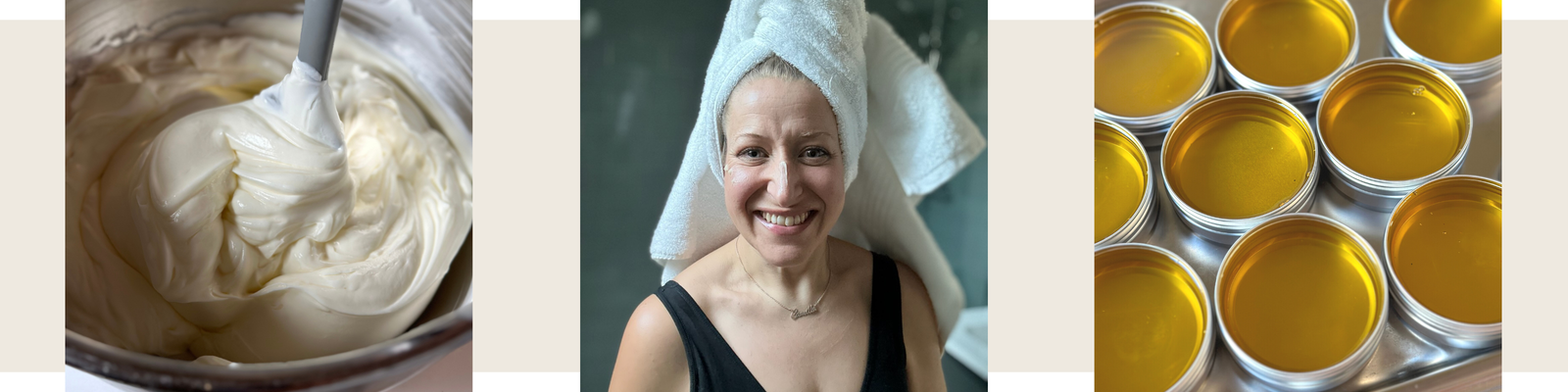 Founder of CONCHUS smiling after a shower, demonstrating simple everyday natural skincare routines.