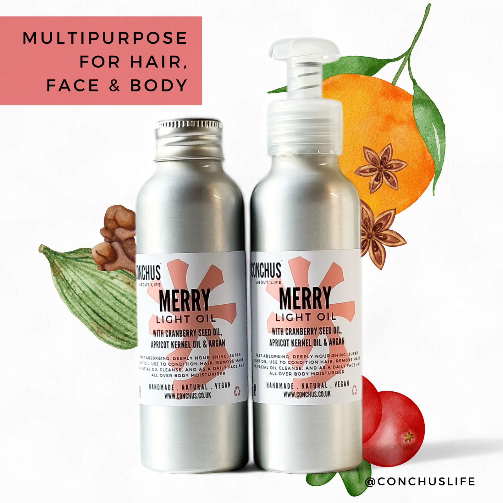 A pump bottle labeled 'Merry Light Oil' for hair, face, and body, with a background of festive orange, spices and berries and a locking mechanism symbol, indicating its multi-purpose nature. 