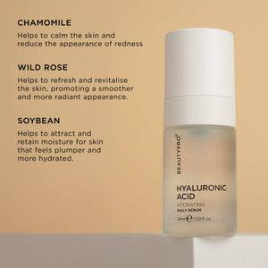BEAUTYPRO Hyaluronic Acid serum key ingredients — chamomile, wild rose and soybean for deep skin hydration