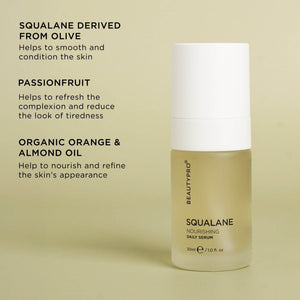 BEAUTYPRO Squalane serum key ingredients — olive squalane, passionfruit, organic sweet orange and almond oil