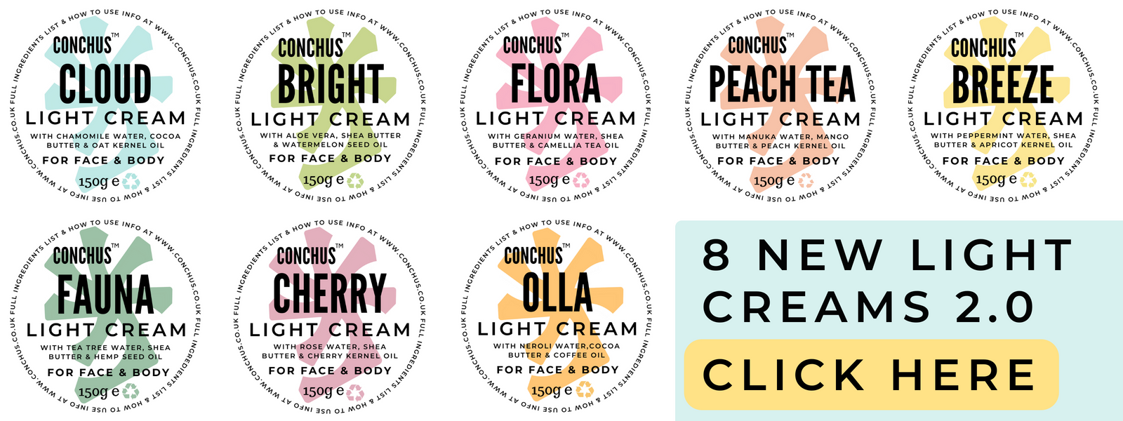 CONCHUS vegan light creams for face and body plastic free natural skincare sensitive skin mature skin breakout skin eczema oily skin dry skin
