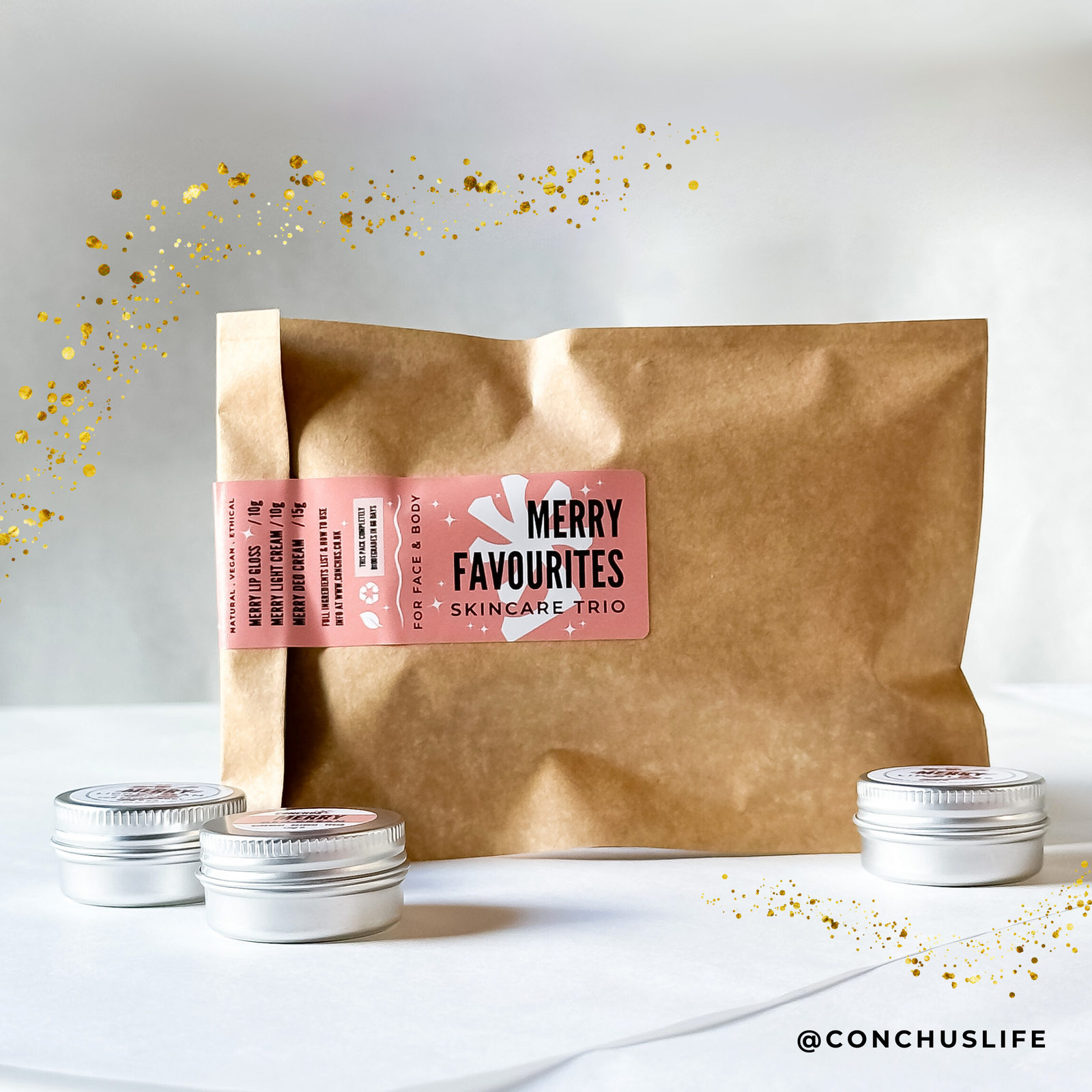 CONCHUS MERRY Skincare Trio Gift Pack with biodegradable pouch and three festive mini products — Light Cream, Deo Cream and Lip Gloss