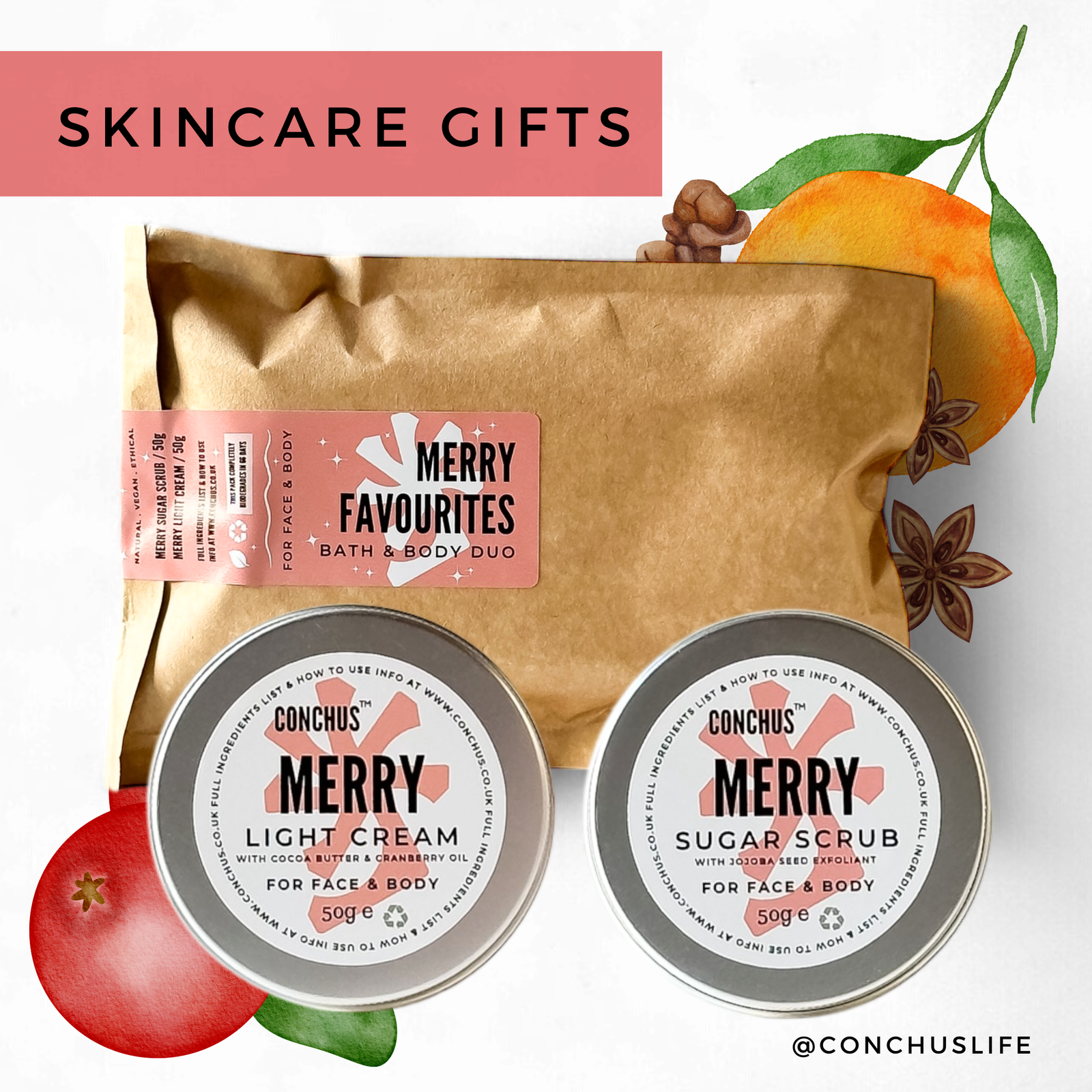 CONCHUS MERRY Bath & Body Duo with biodegradable pouch, Light Cream 50g and Sugar Scrub 50g displayed with festive botanicals