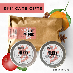 CONCHUS MERRY Bath & Body Duo with biodegradable pouch, Light Cream 50g and Sugar Scrub 50g displayed with festive botanicals