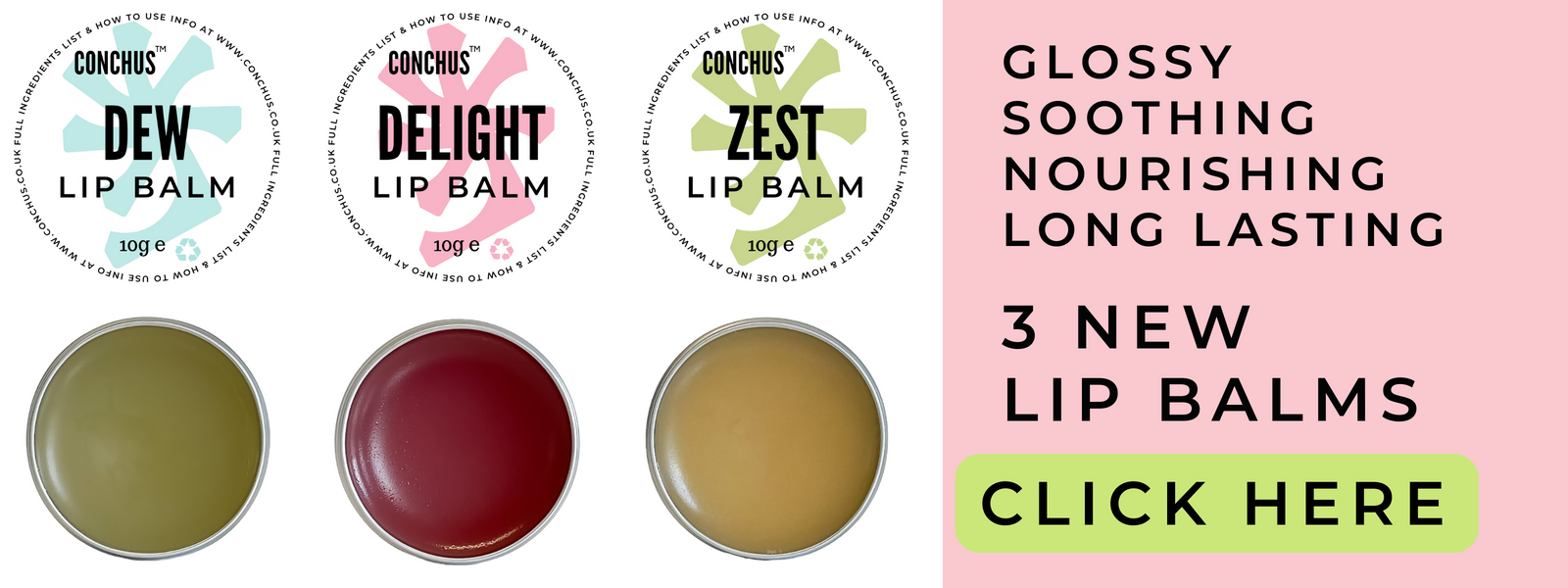 CONCHUS vegan lip balms Dew, Delight and Zest glossy nourishing plastic free skincare
