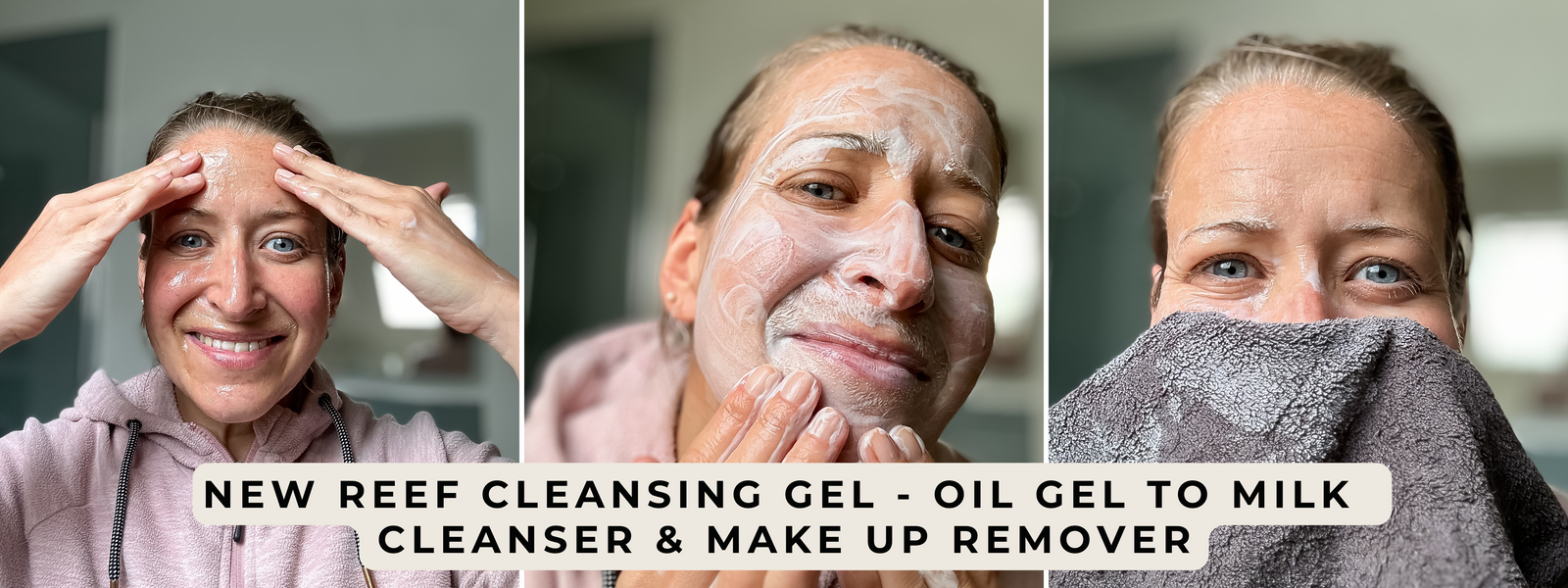 Woman using CONCHUS Reef Cleansing Gel oil to milk vegan facial cleanser and makeup remover