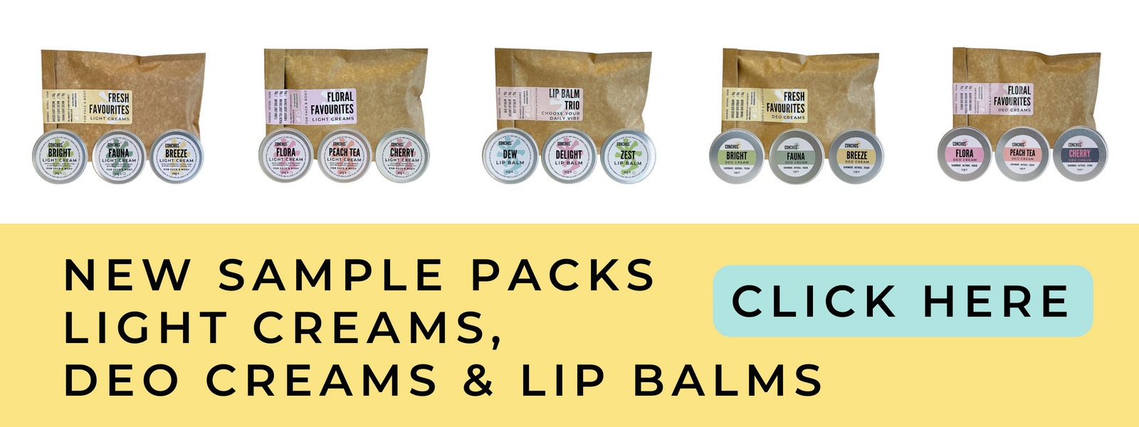 CONCHUS sample packs featuring light creams, deo creams deodorant and lip balms vegan plastic free skincare