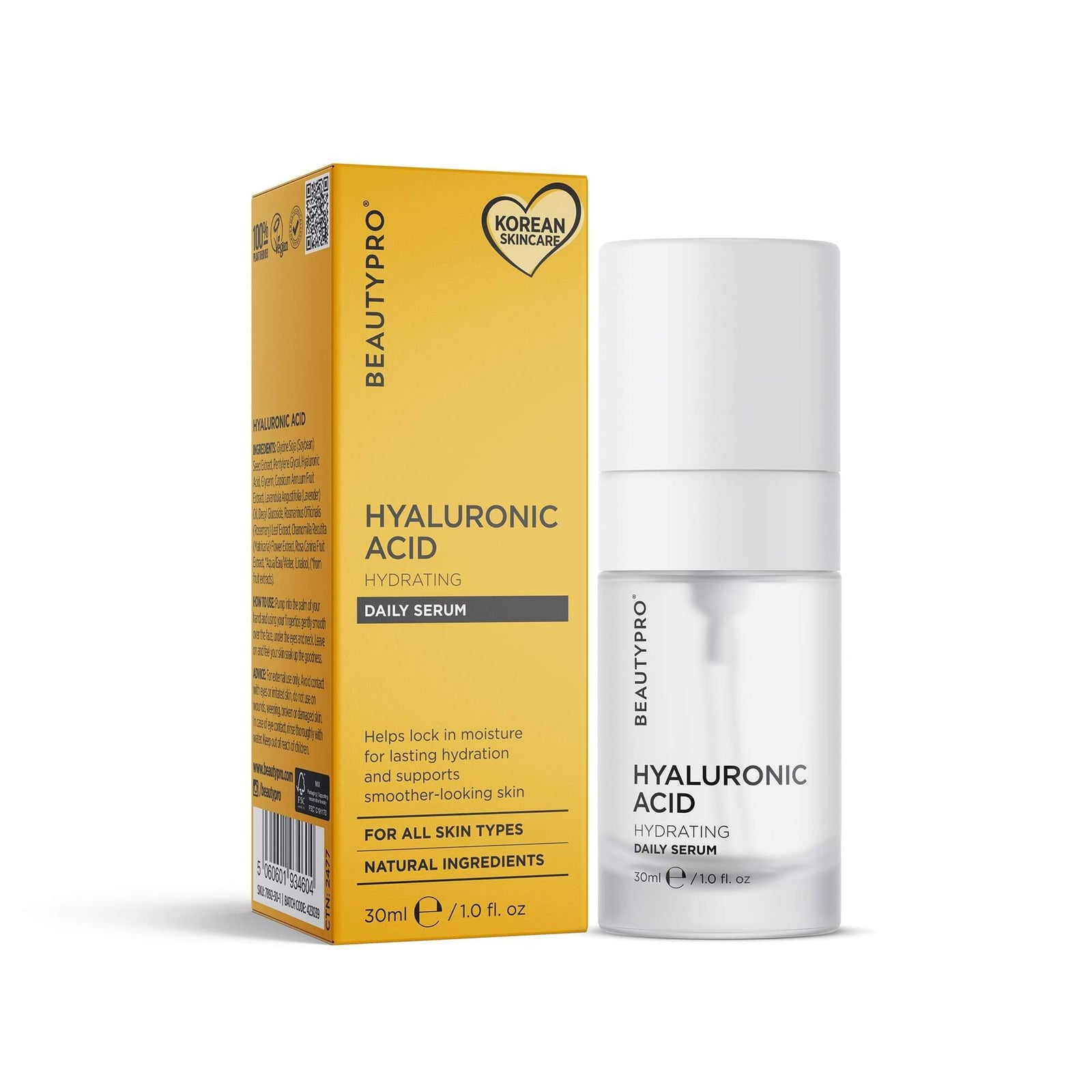 BEAUTYPRO Hyaluronic Acid 2% Hydrating Daily Serum 30ml with box — plant-derived vegan face serum all skin types