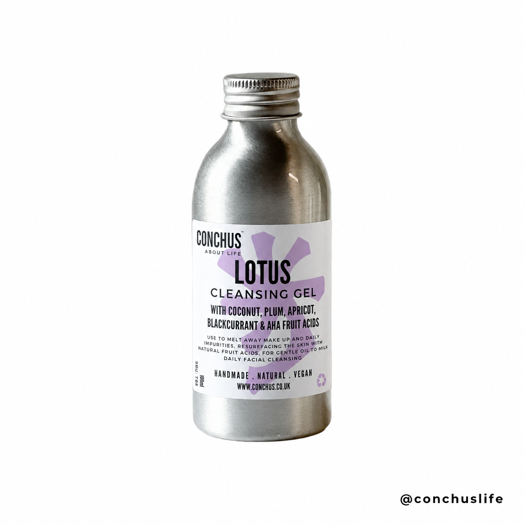 CONCHUS Lotus Cleansing Gel, a gentle vegan gel cleanser, styled with fresh fruit and lavender